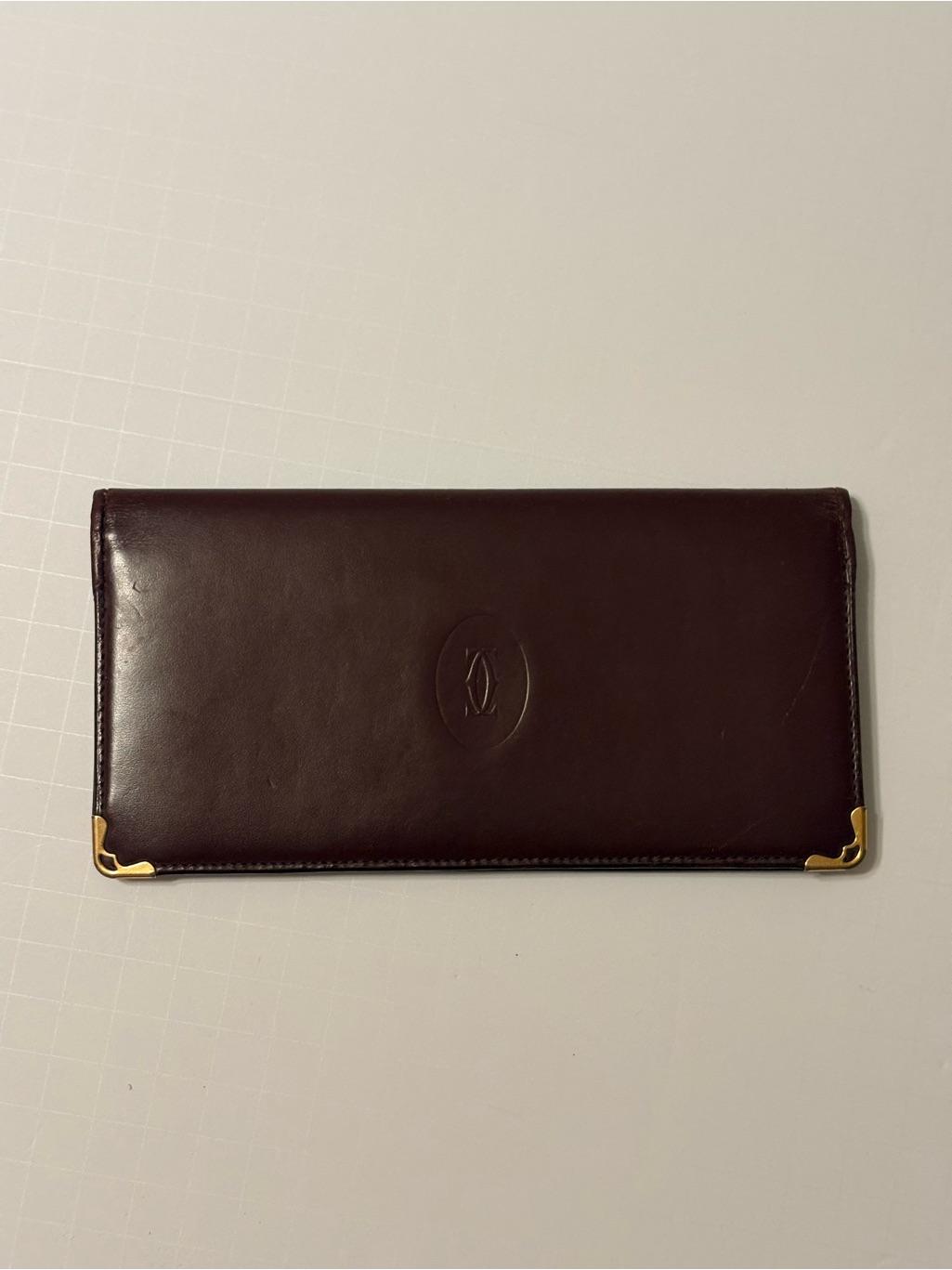 Cartier Burgundy Leather Long Card Holder With Gold Corner Accents